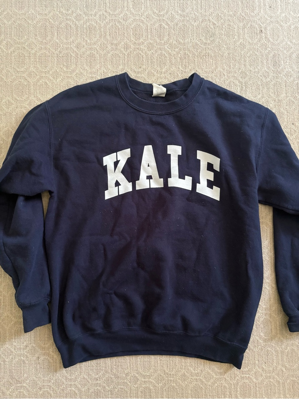 Gildan Navy Crewneck Sweatshirt with White KALE Chest Print. Size Medium.